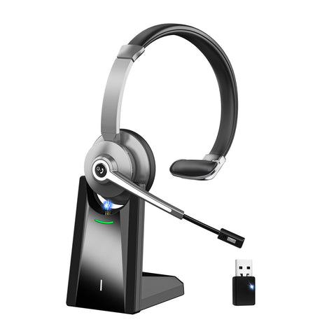 Bluetooth Headset mit Mikrofon，Kabelloses Headset mit USB Dongle & Ladestation, Wireless Office Headset mit Stummschaltung & Rauschunterdrückung Mikrofon für Computer/Call Center/Büro/HomeOffice/Teams
