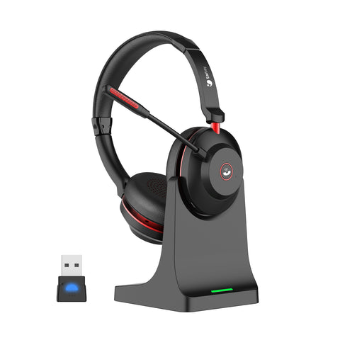 6-Bluetooth Headset, Wireless Headset with Microphone & USB Dongle, QCC Bluetooth Headphones with Mic Noise Canceling & Charging Base