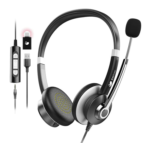13-USB Headset With Microphone For Laptop, 3.5mm Jack On-Ear Headphones With Mic Noise Cancelling For PC, Wired Computer Headsets USB Type-C Adapter For Cell Phone/Call Center/Skype/Zoom/Webinar/Ms Teams C688UC