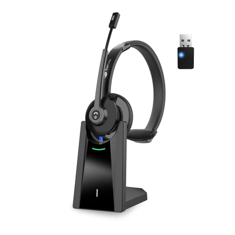 12-Trucker Bluetooth Headset V5.2, Wireless Headset with Mic Noise Cancelling & USB Dongle, 28hrs talktime, On Ear Wireless Headphones with Mic Mute & Charging Dock for PC/Cell Phone/Zoom/Skype/Office BT783GH-D