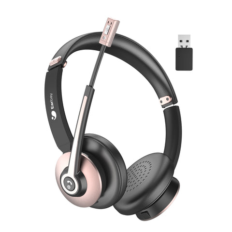 4-Bluetooth Headset with Microphone, Wireless Headset with Noise Cancelling Mic, On Ear Headphone with USB Dongle & Mute Button, 26hrs Talk time for PC/Office/Zoom/Skype Rose Gold
